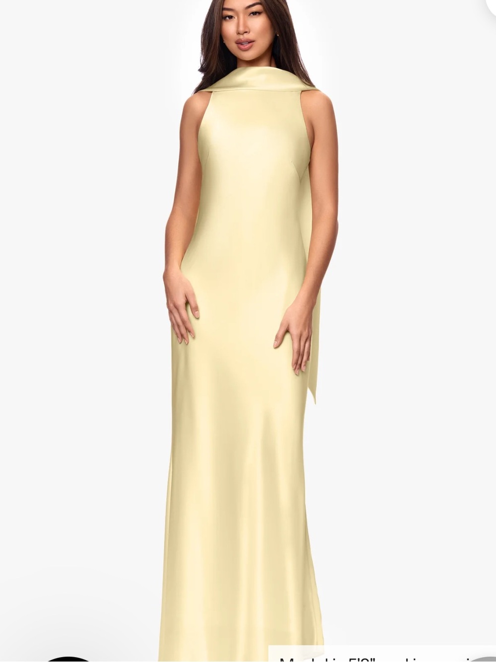 NWT XSCAPE Ruth Satin high neck sash backless dress in butter yellow size 6